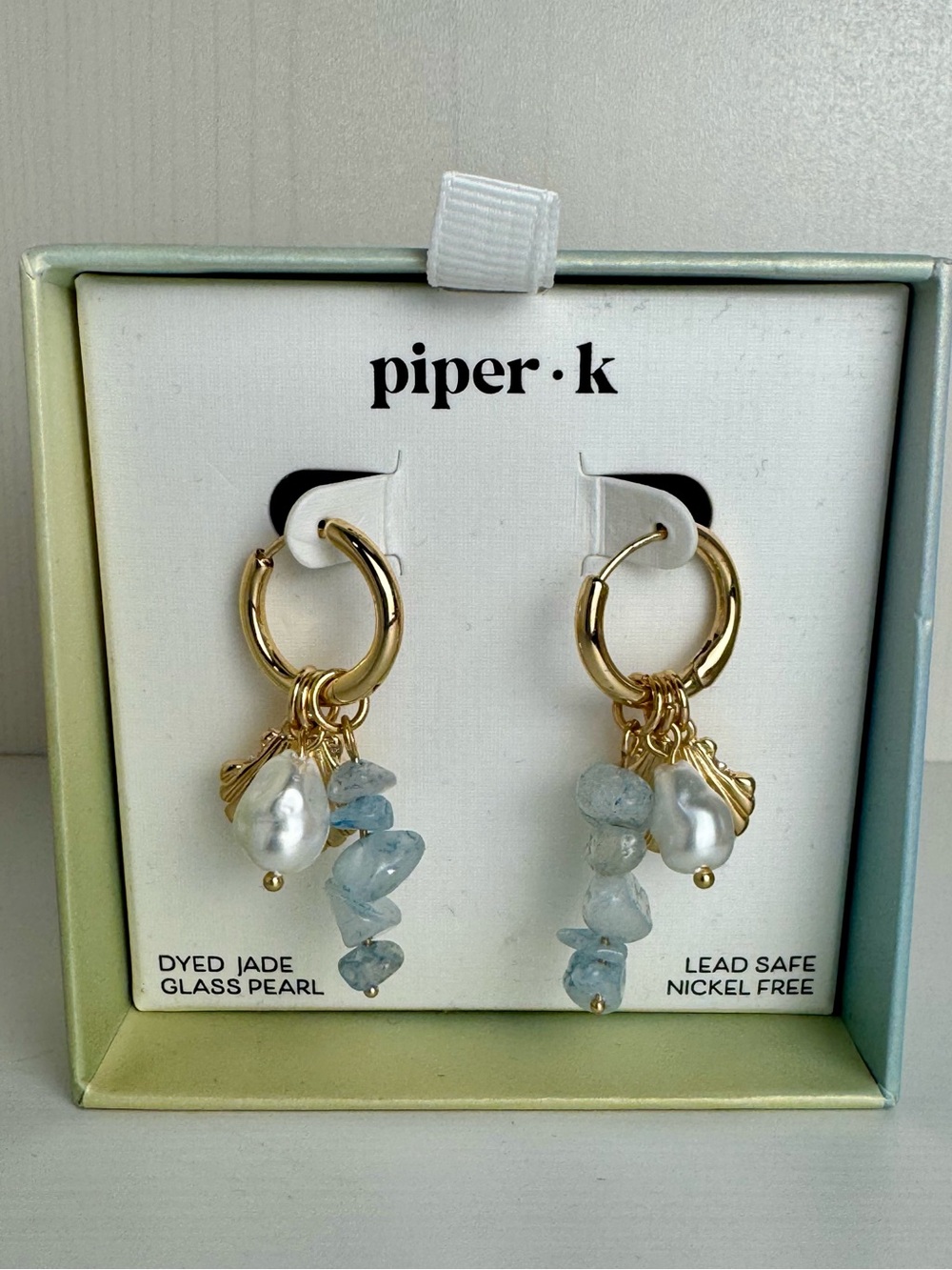 Piper K Charm Earrings, Dyed Jade, Glass Pearl, Lead Safe & Nickel Free Gift Box
